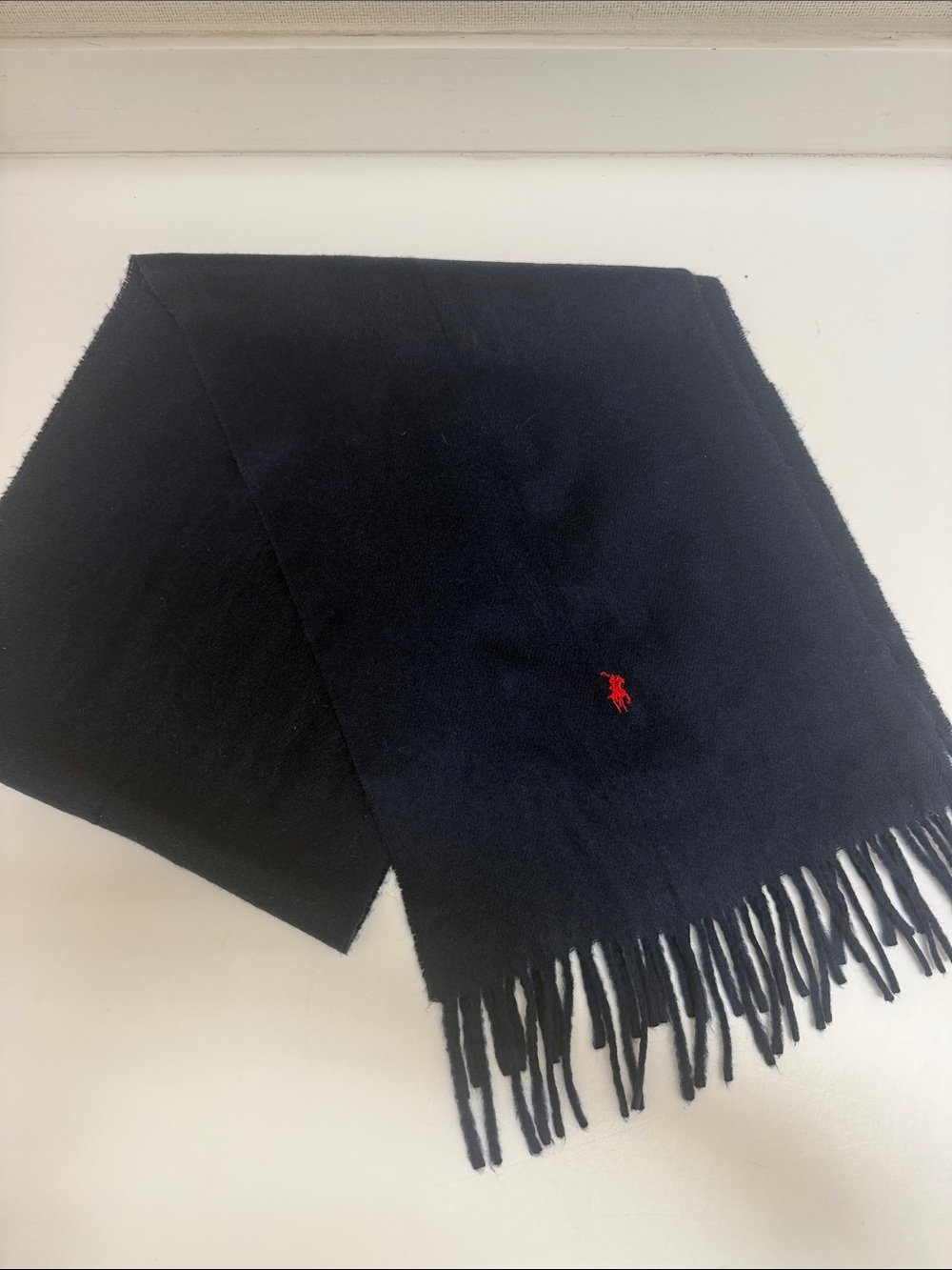 Ralph Lauren 100% Lambswool Navy Scarf with Red Pony Embroidery